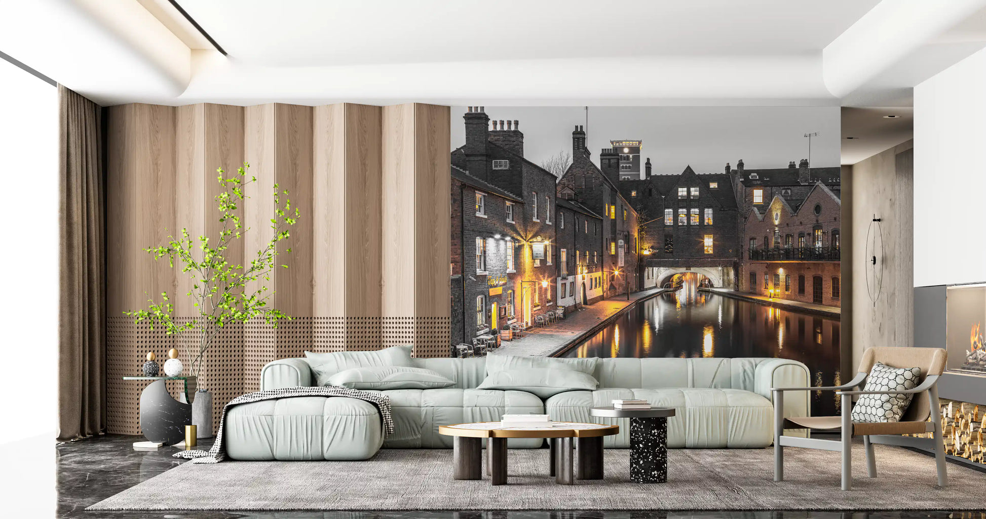 Urban Canal Twilight Wall Mural featuring a dark water surface., GD9859