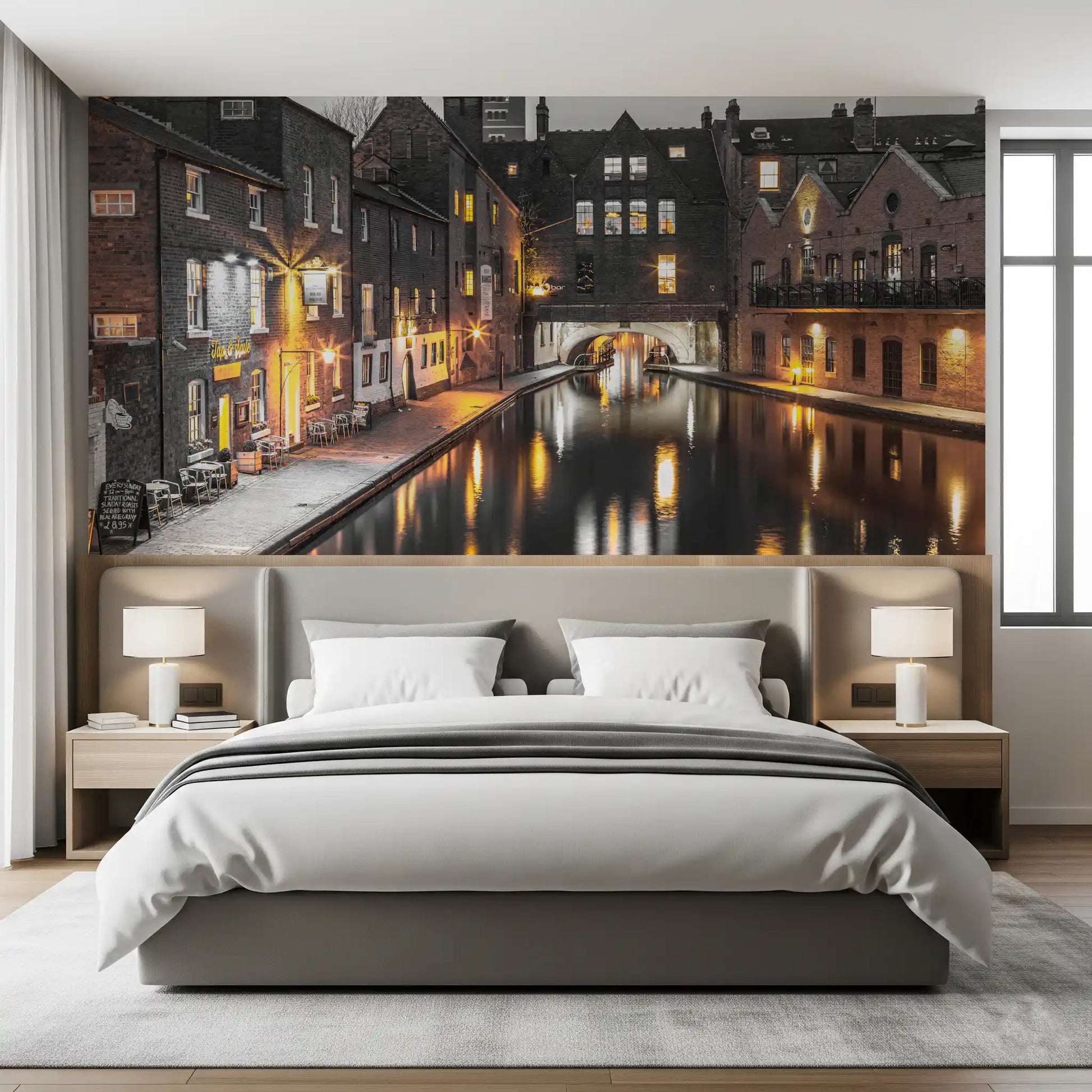 Brick architecture by a canal at night for a bedroom wall mural design., GD9859