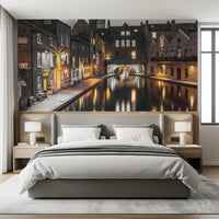 Brick architecture by a canal at night for a bedroom wall mural design., GD9859