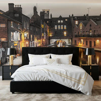 Industrial style buildings and water reflections in a twilight wall mural., GD9859