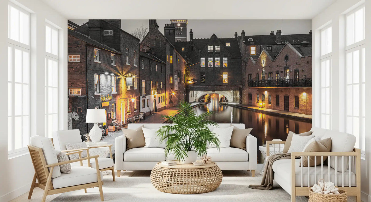Multi-storey brick warehouses along a calm canal in a decorative wall mural., GD9859