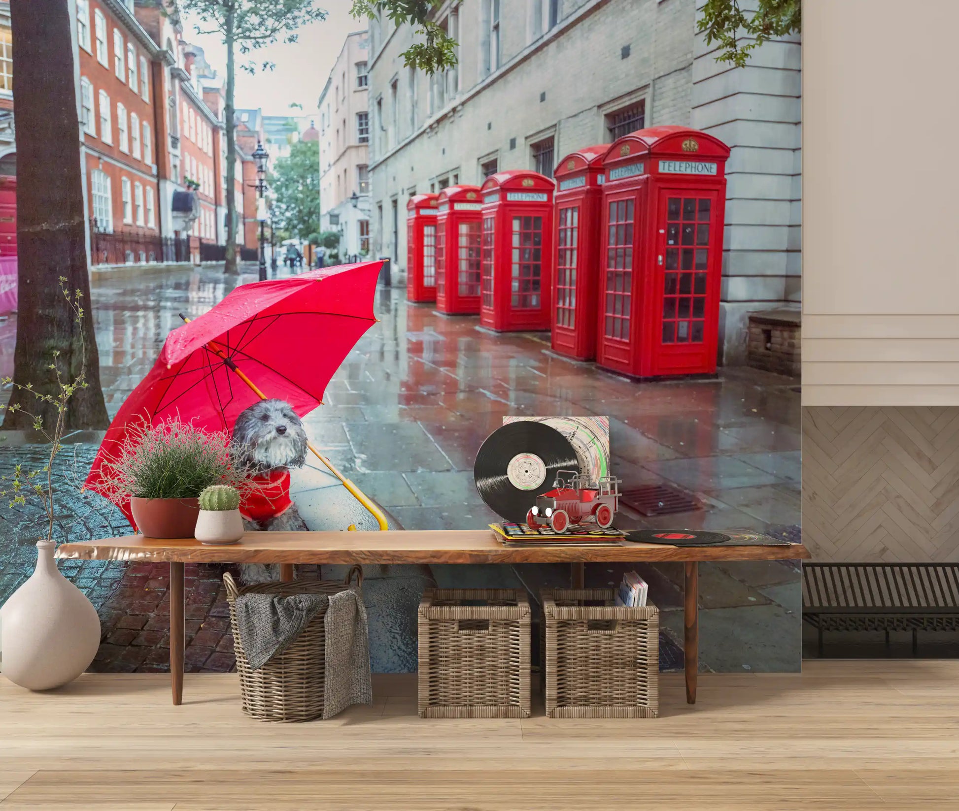 London Calling A Puddle Pal's Tale Wall Mural with grey dog and umbrella., GD9860