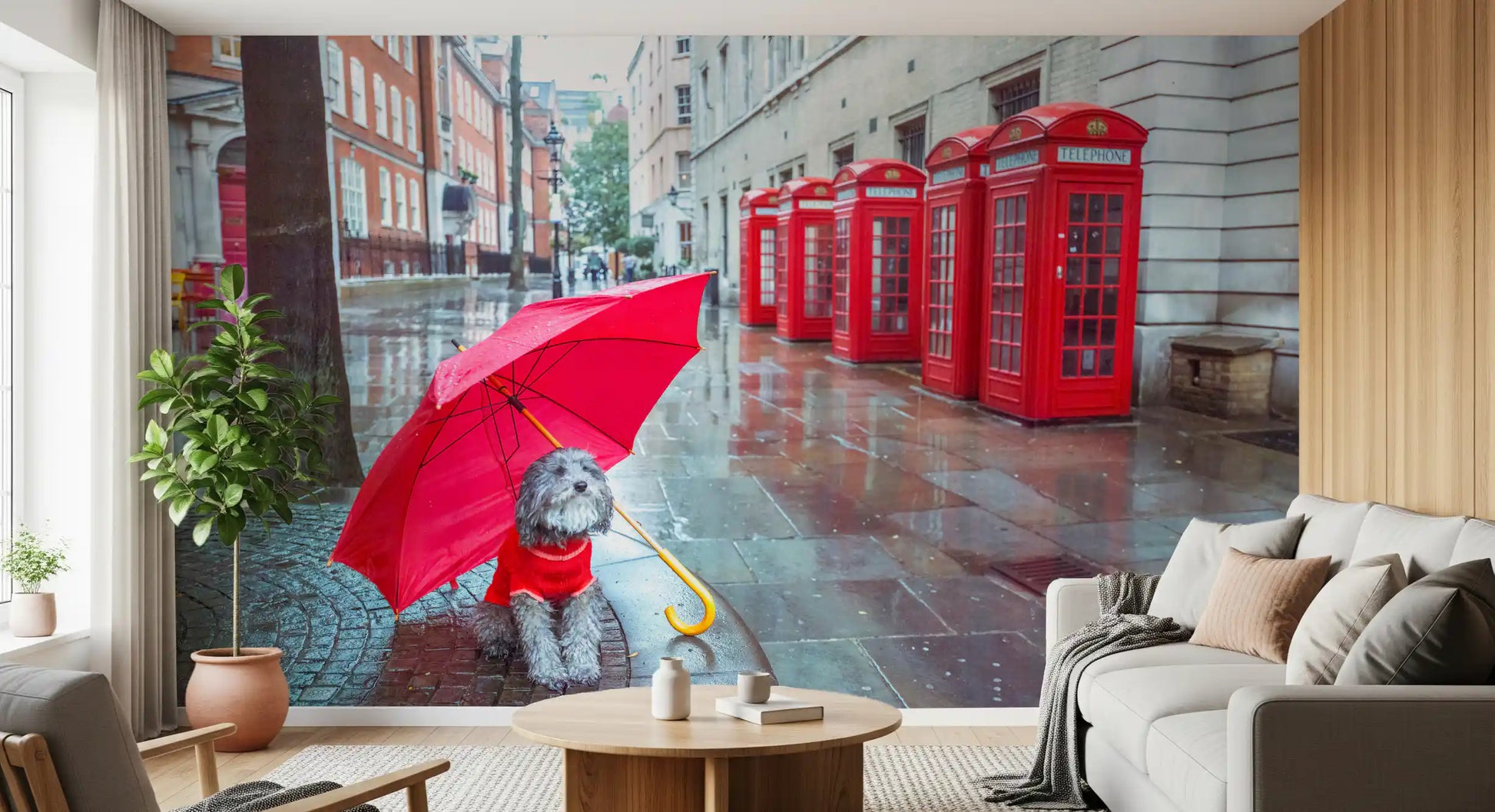 Puddle Pal's Tale wall mural featuring a dog in a red sweater and rain., GD9860