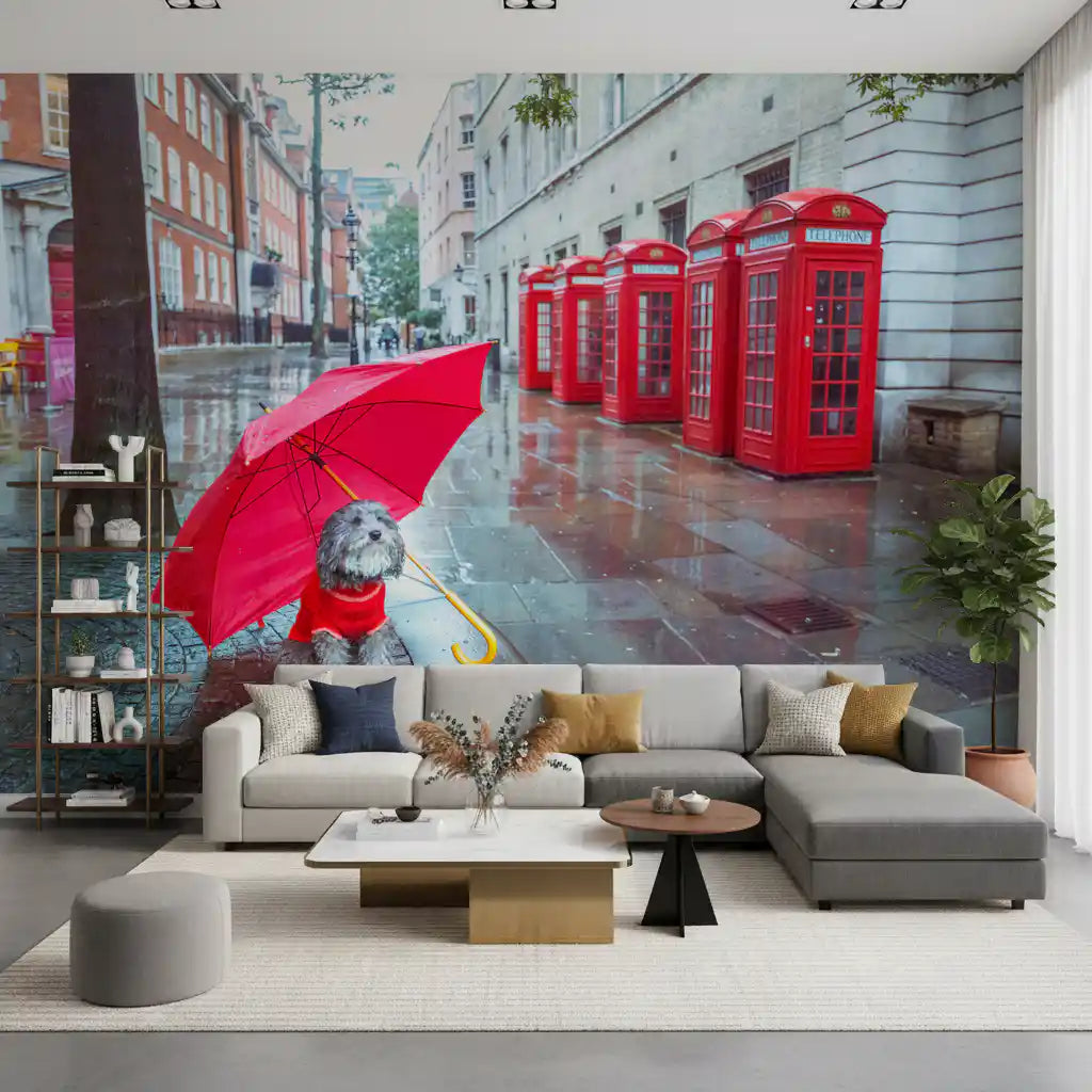 Red telephone kiosks and wet pavement mural for a living room feature wall, GD9860