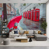 Red telephone kiosks and wet pavement mural for a living room feature wall, GD9860