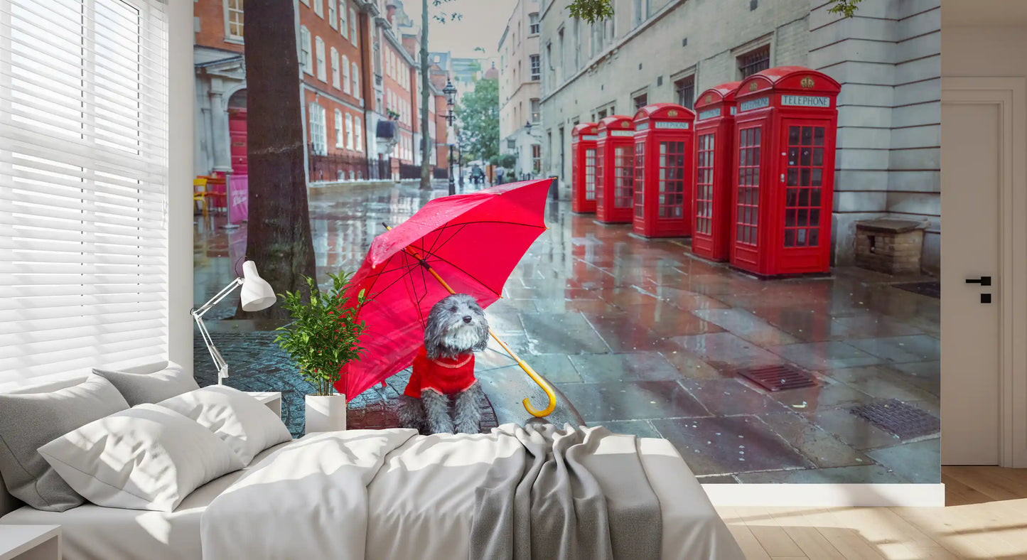 Small grey dog in red jumper under umbrella wall mural for a bedroom., GD9860