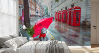 Small grey dog in red jumper under umbrella wall mural for a bedroom., GD9860