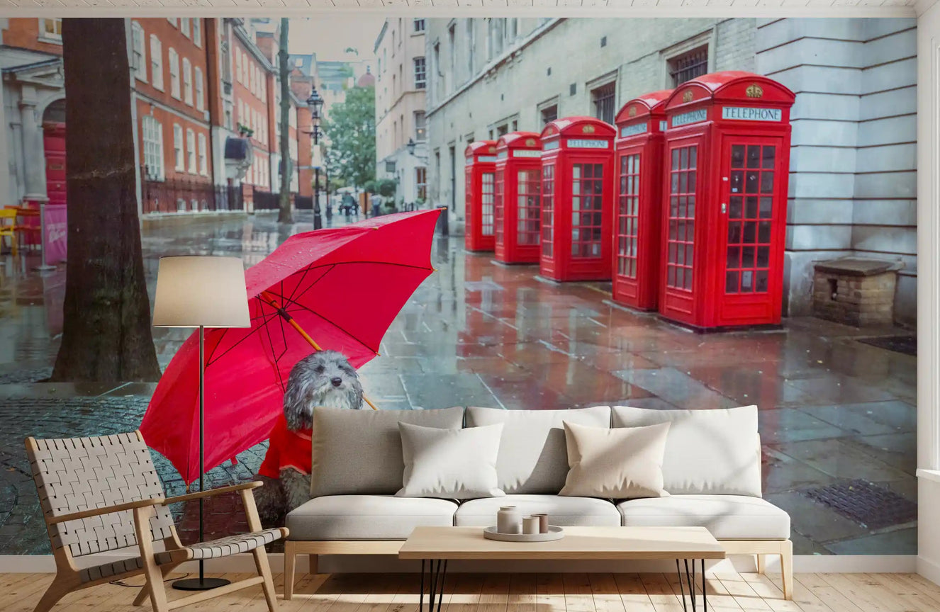 Grey dog sitting under red umbrella wall mural for a bright living room.