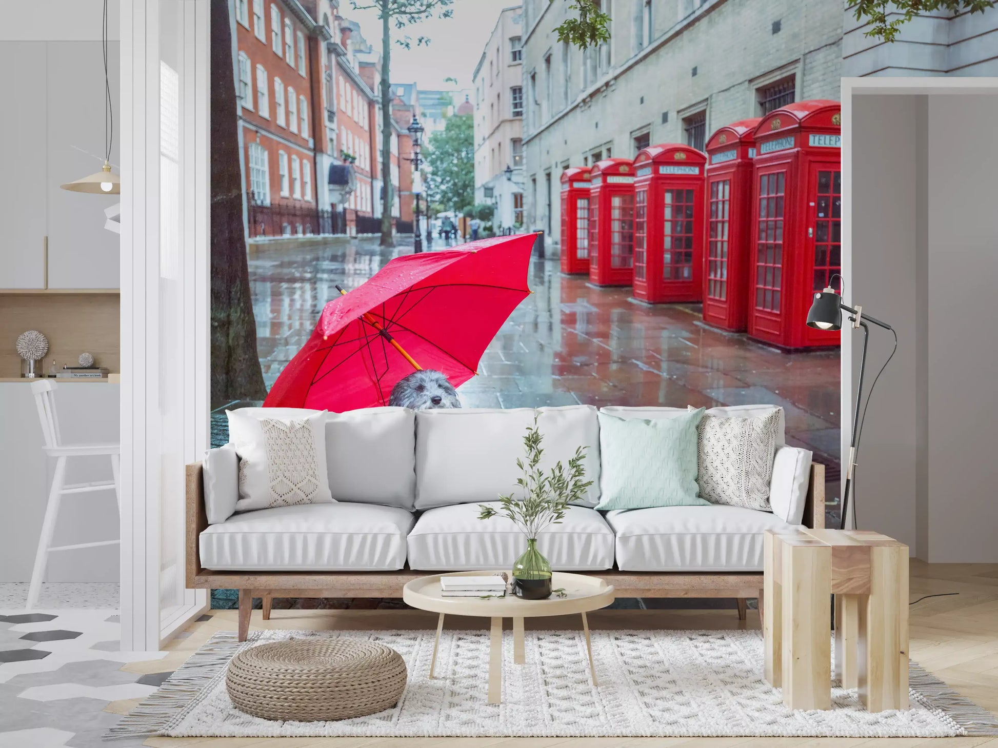 Rainy city street with red phone booths wall mural for a living room., GD9860