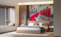 Grey buildings and red telephone boxes street scene wall mural design., GD9860