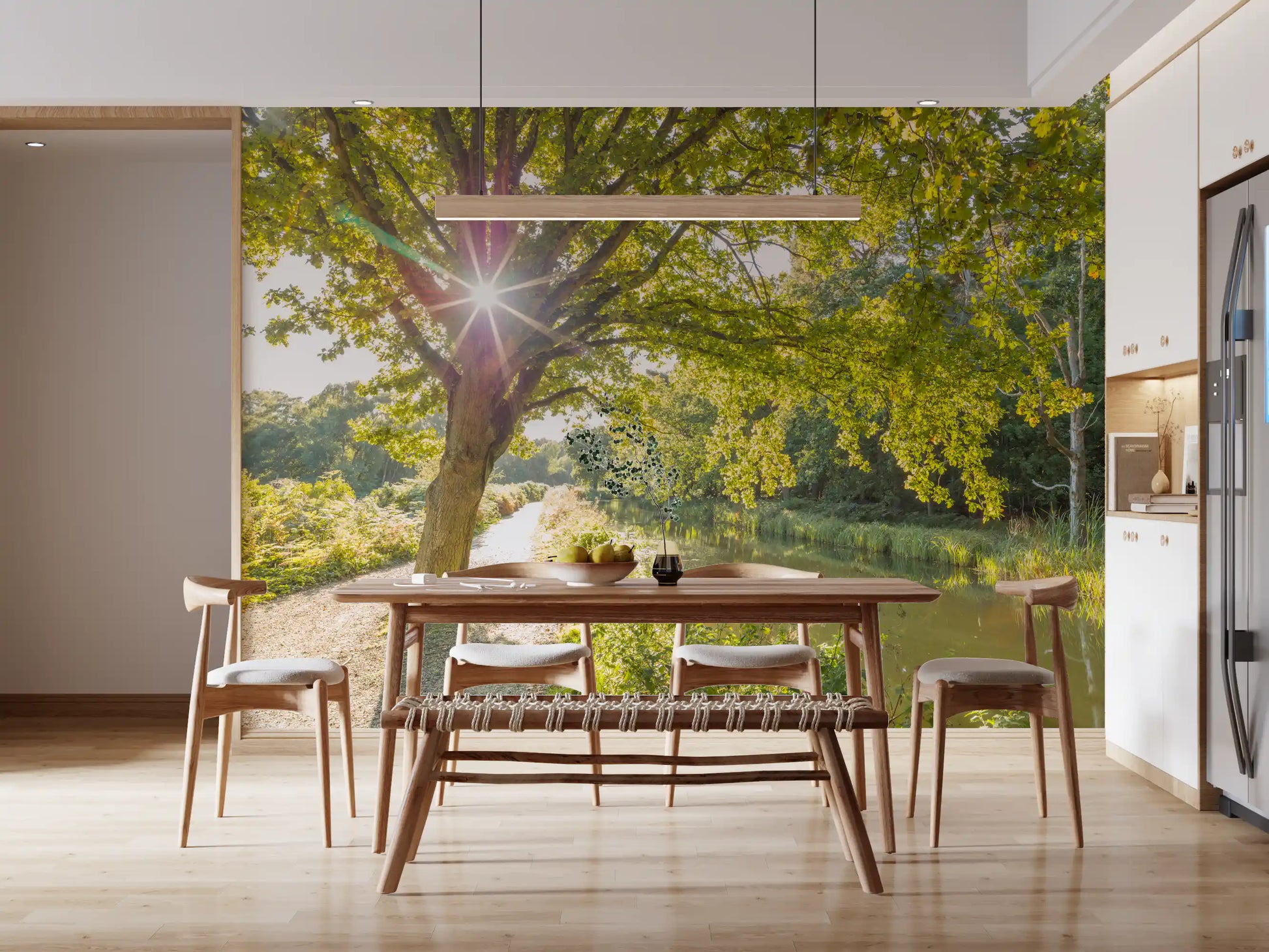 Sunlight flare through leaves over a quiet woodland canal wall mural., GD9861
