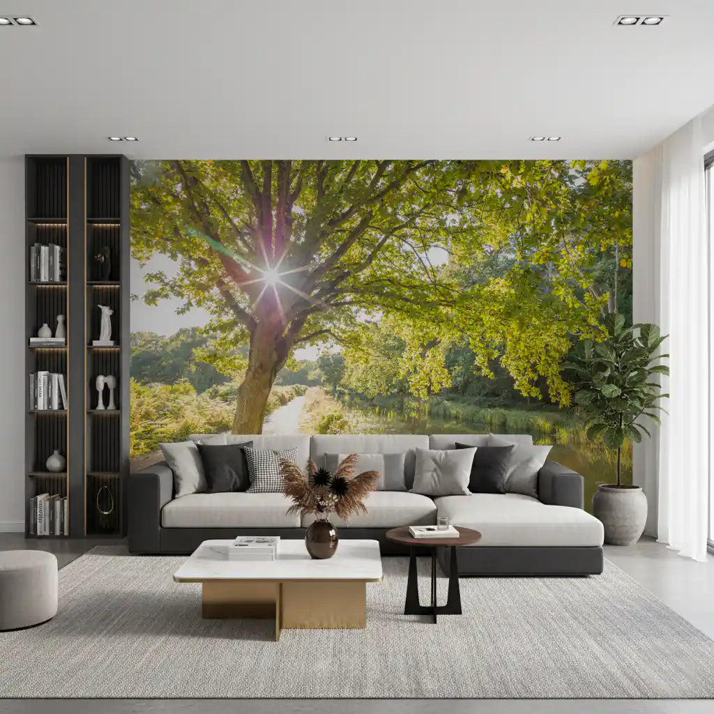 Nature scenery wall mural with a dirt path and green foliage for a living area., GD9861