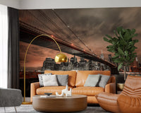 Iconic Bridge, Fiery Cityscape Wall Mural with warm sepia tones for living room.