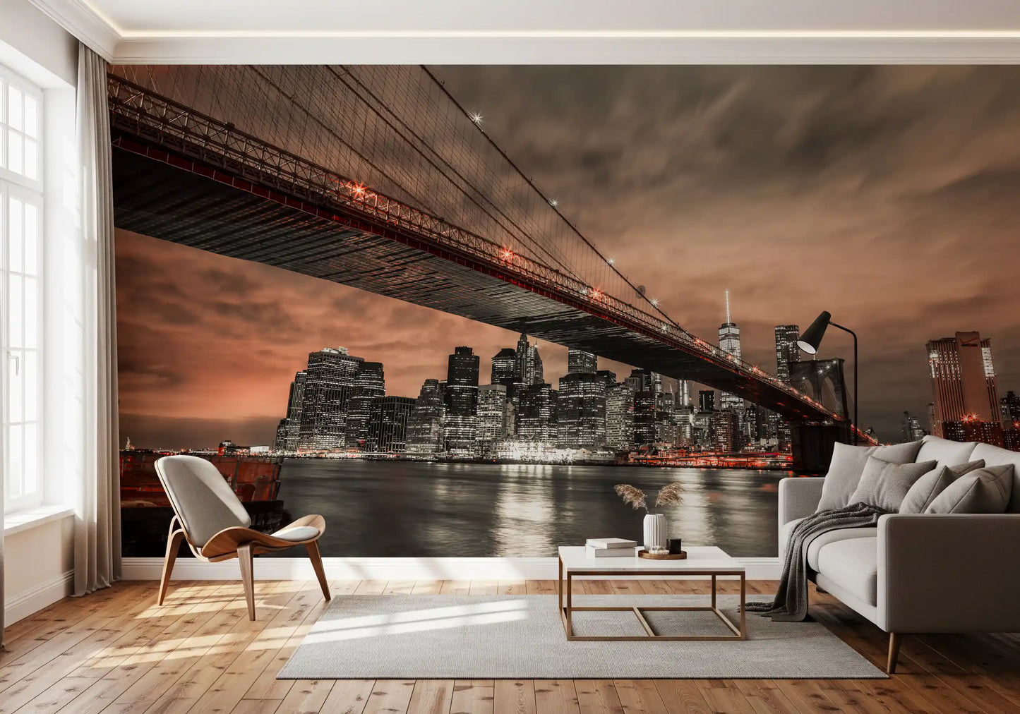 Iconic Bridge, Fiery Cityscape Wall Mural with glowing city lights for a sunlit living room.