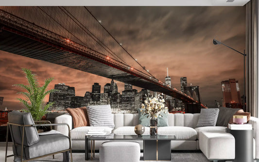 Iconic Bridge, Fiery Cityscape Wall Mural with orange clouds for a living room.