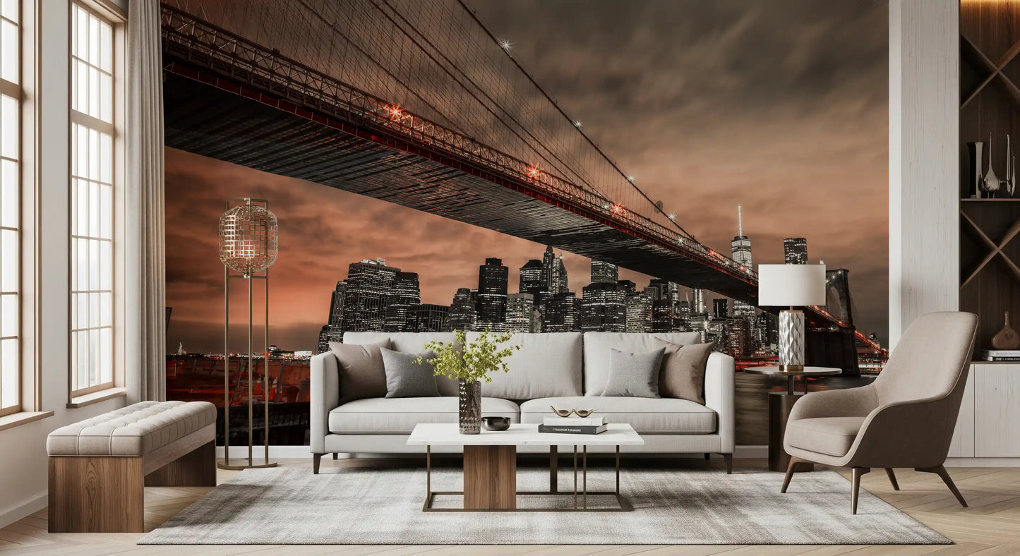Sepia cityscape wall mural showing a suspension bridge and metropolitan skyline view.