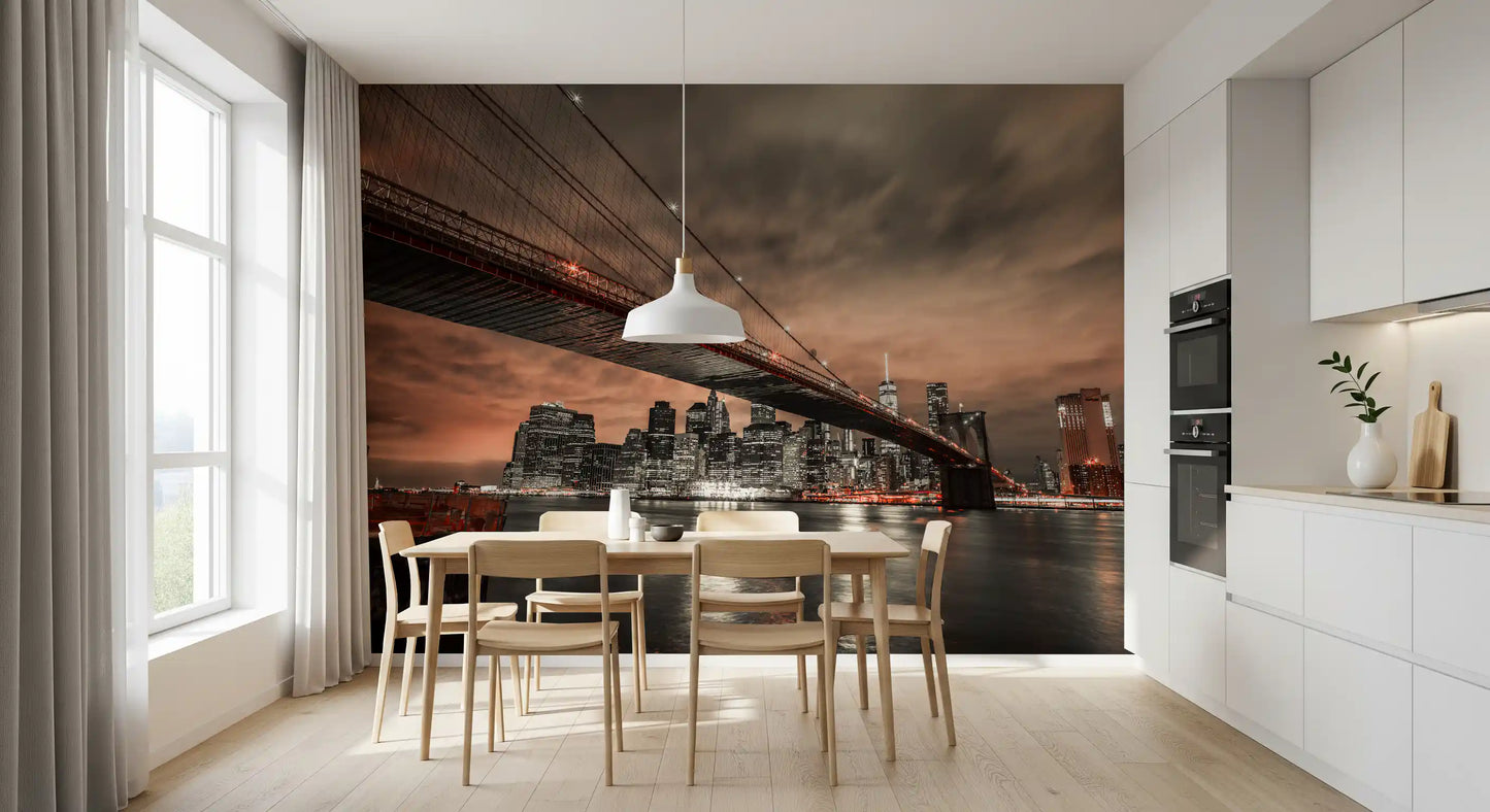 Iconic Bridge, Fiery Cityscape Wall Mural with a modern industrial style for dining room.