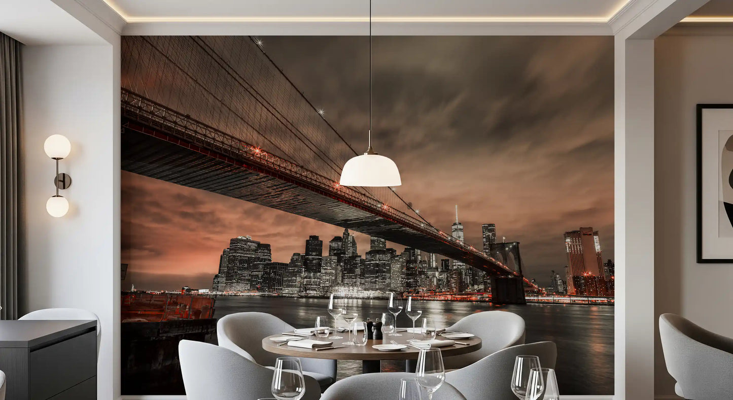 Large cityscape wall mural featuring a steel suspension bridge and tall buildings.