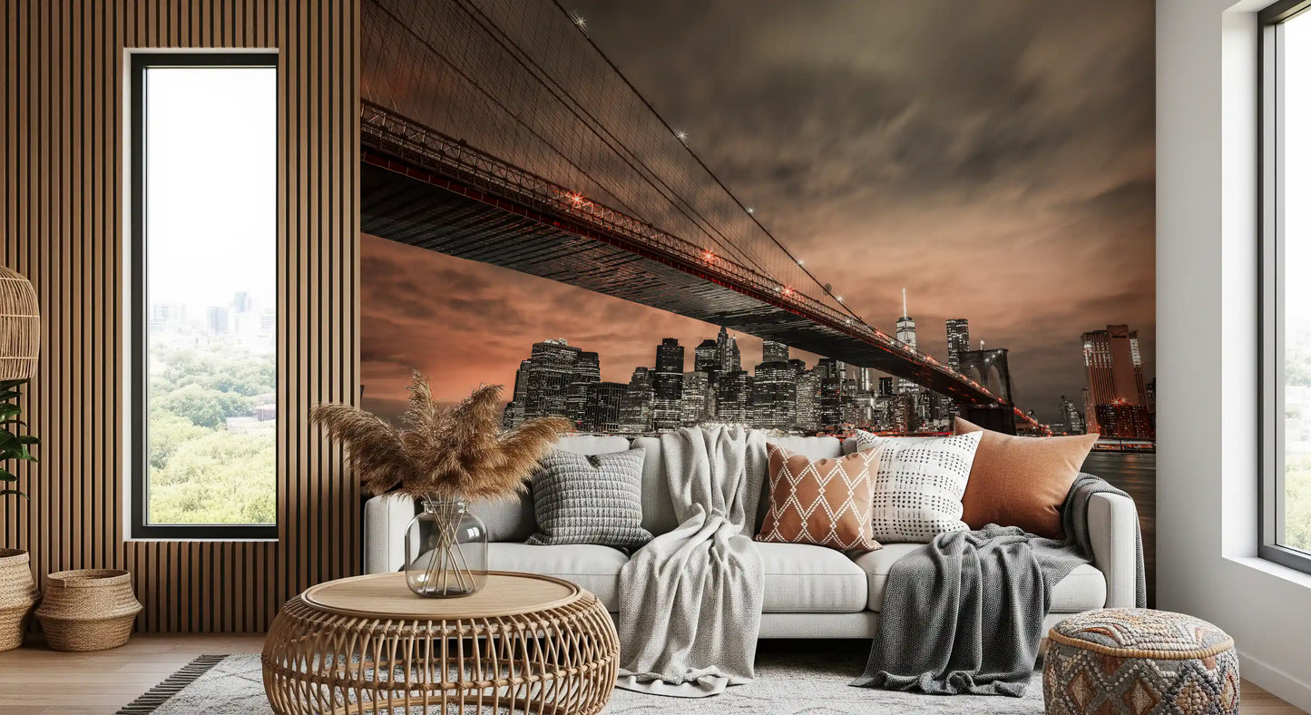 Fiery sky cityscape wall mural with urban architecture and dark water.