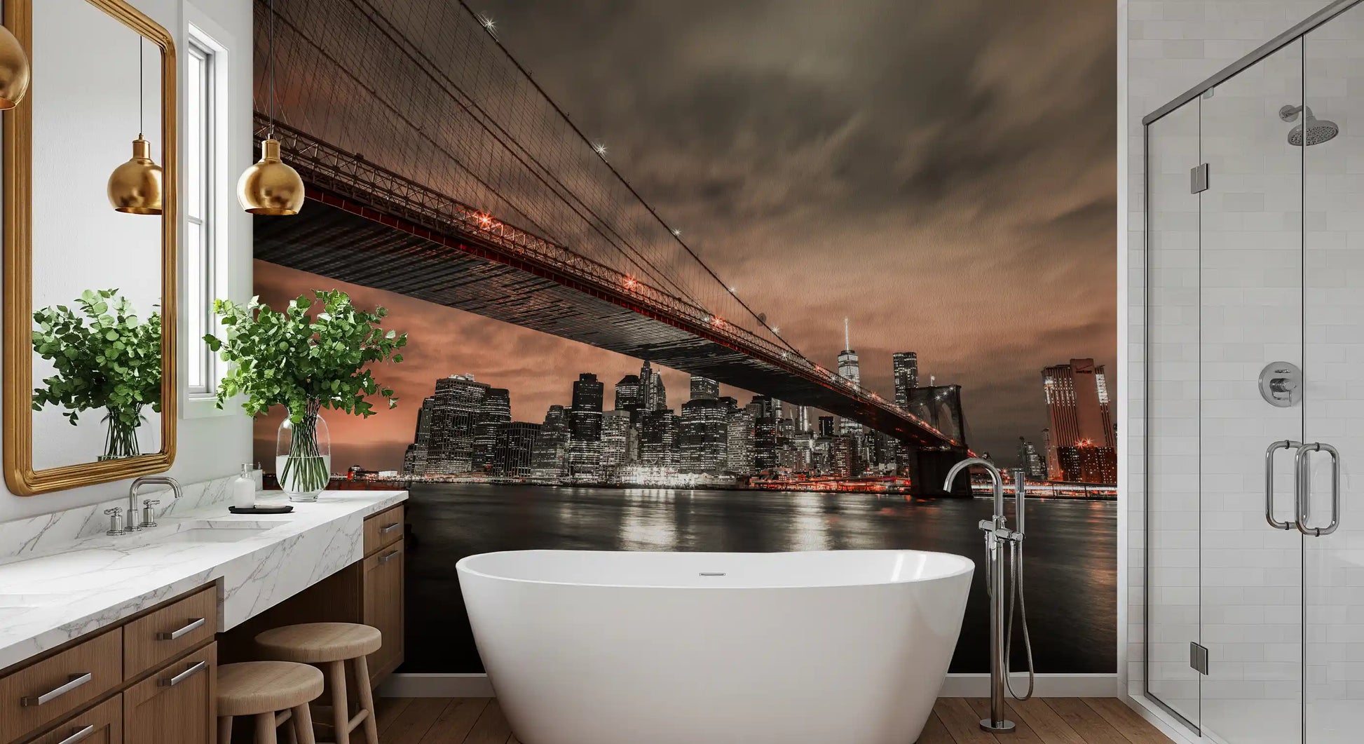 Brooklyn Bridge wall mural showing a night skyline and river reflections in an bathroom.