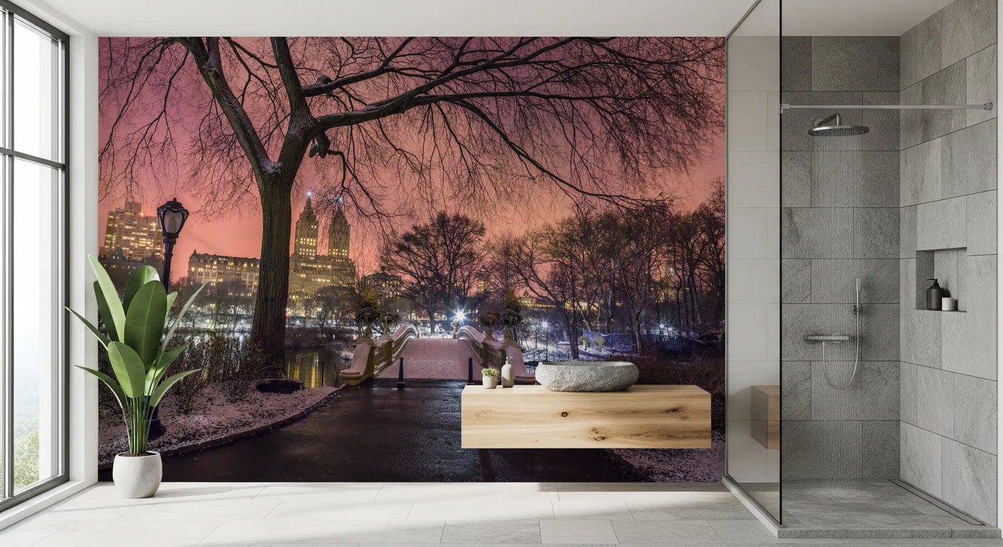 Central Park Winter Twilight Wall Mural with pink sky and snow for a bathroom.