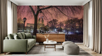 Bow Bridge covered in snow at night with city lights as a winter lounge wall mural.