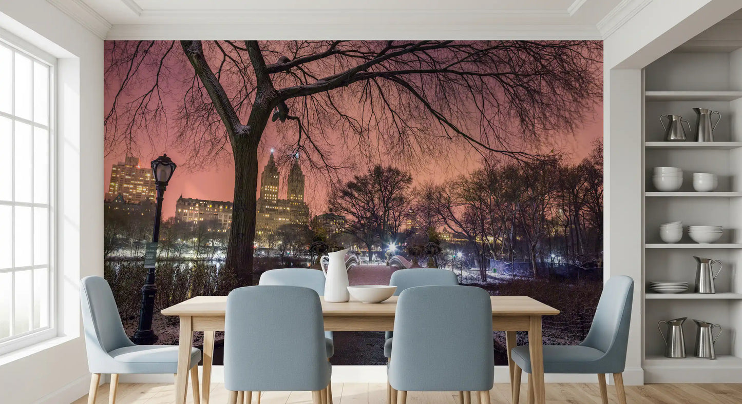 Central Park Winter Twilight Wall Mural with pink clouds and snow.