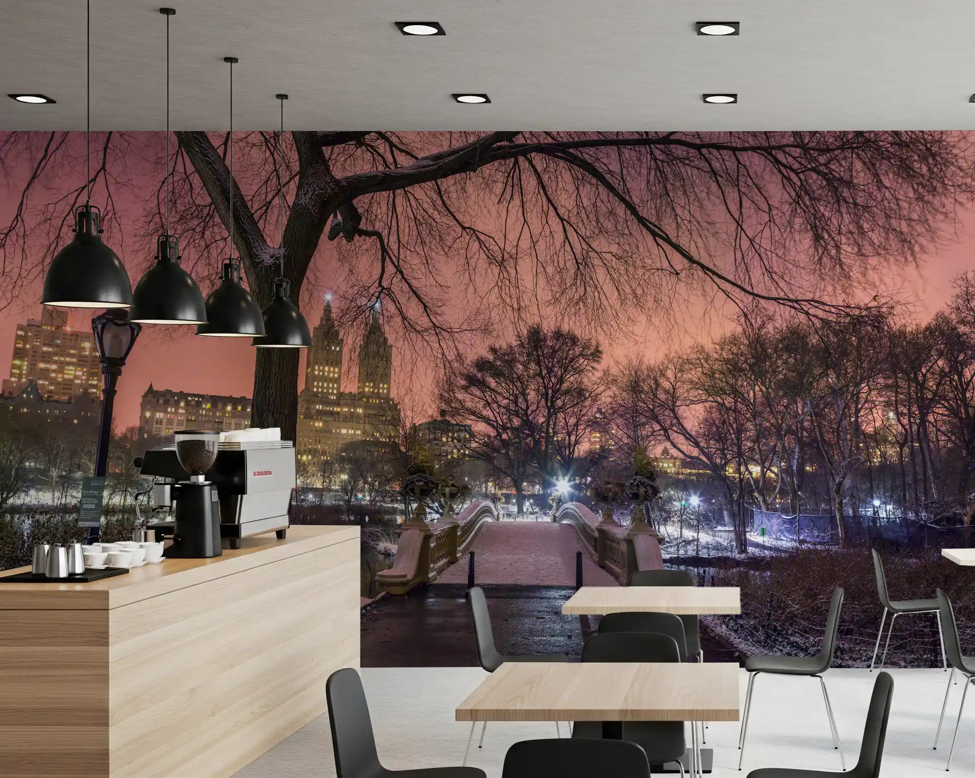 Dark tree trunks and white snow on a walkway in a nature wall mural design.