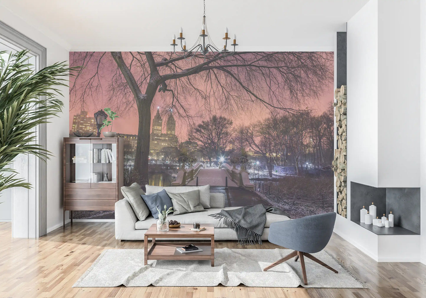 Street lamp lighting a snowy path at night in a realistic park scene wall mural.