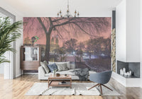 Street lamp lighting a snowy path at night in a realistic park scene wall mural.