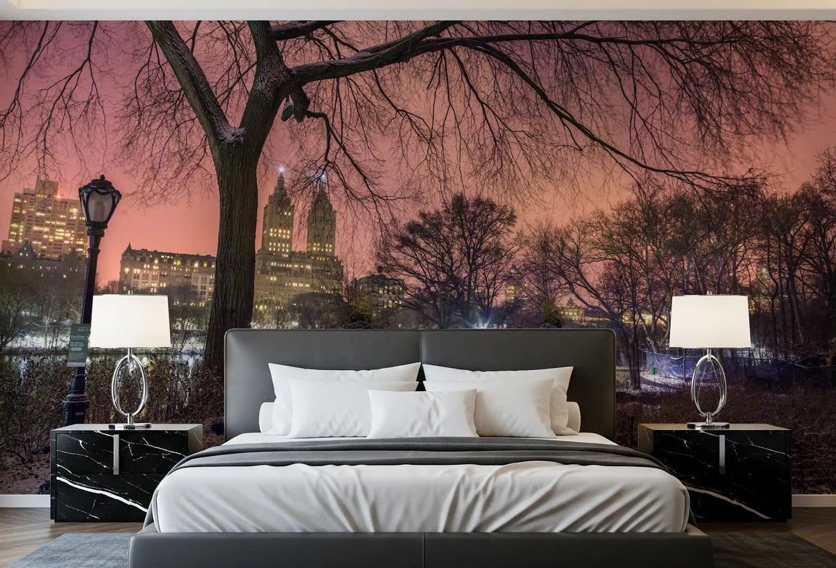 Central Park Winter Twilight Wall Mural depicting a night scene for a bedroom., GD9864