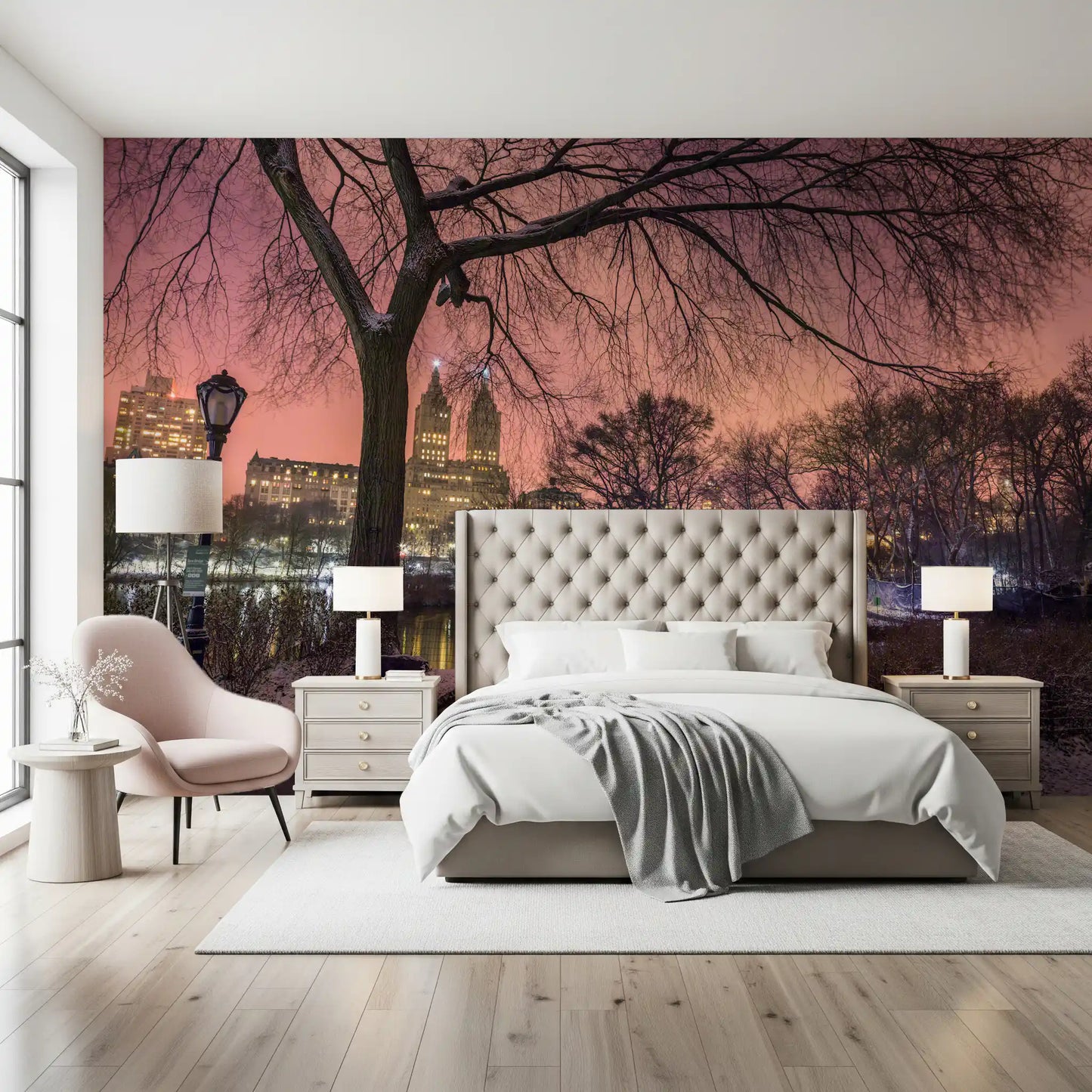 City towers behind a snow park bridge in a wall mural for a master bedroom.
