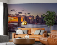 Orange sky and city skyline grey buildings wall mural for modern living room., GD9865