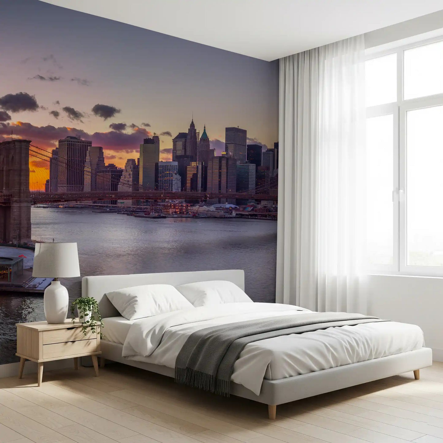 Urban landscape sunset wall mural with Brooklyn bridge and East river., GD9865