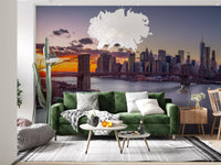 Grandeur NYC cityscape wall mural with dark building silhouettes and water., GD9865