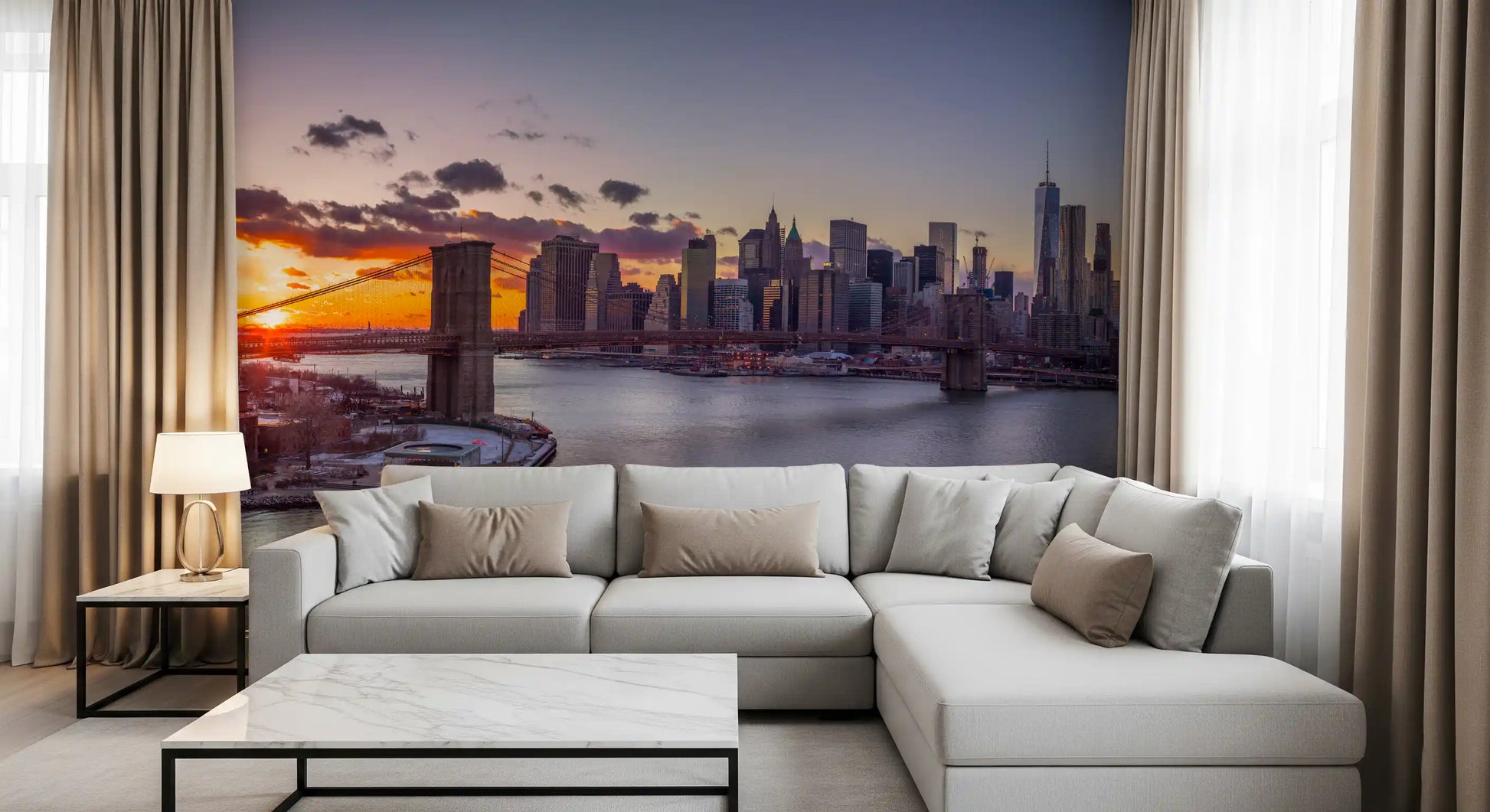 Dusk city view with Brooklyn Bridge wall mural for a spacious lounge area., GD9865
