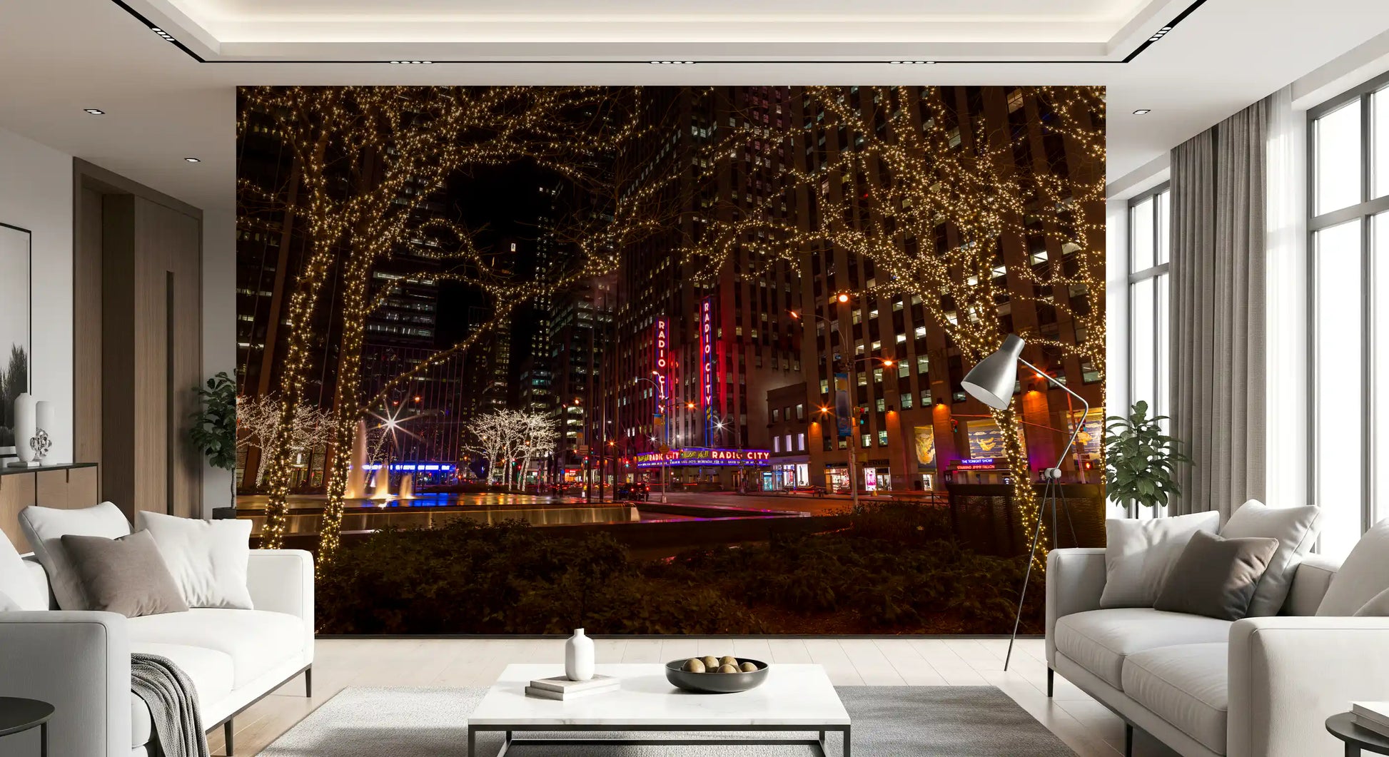 Glowing skyscraper windows and golden holiday lights on a city wall mural., GD9867