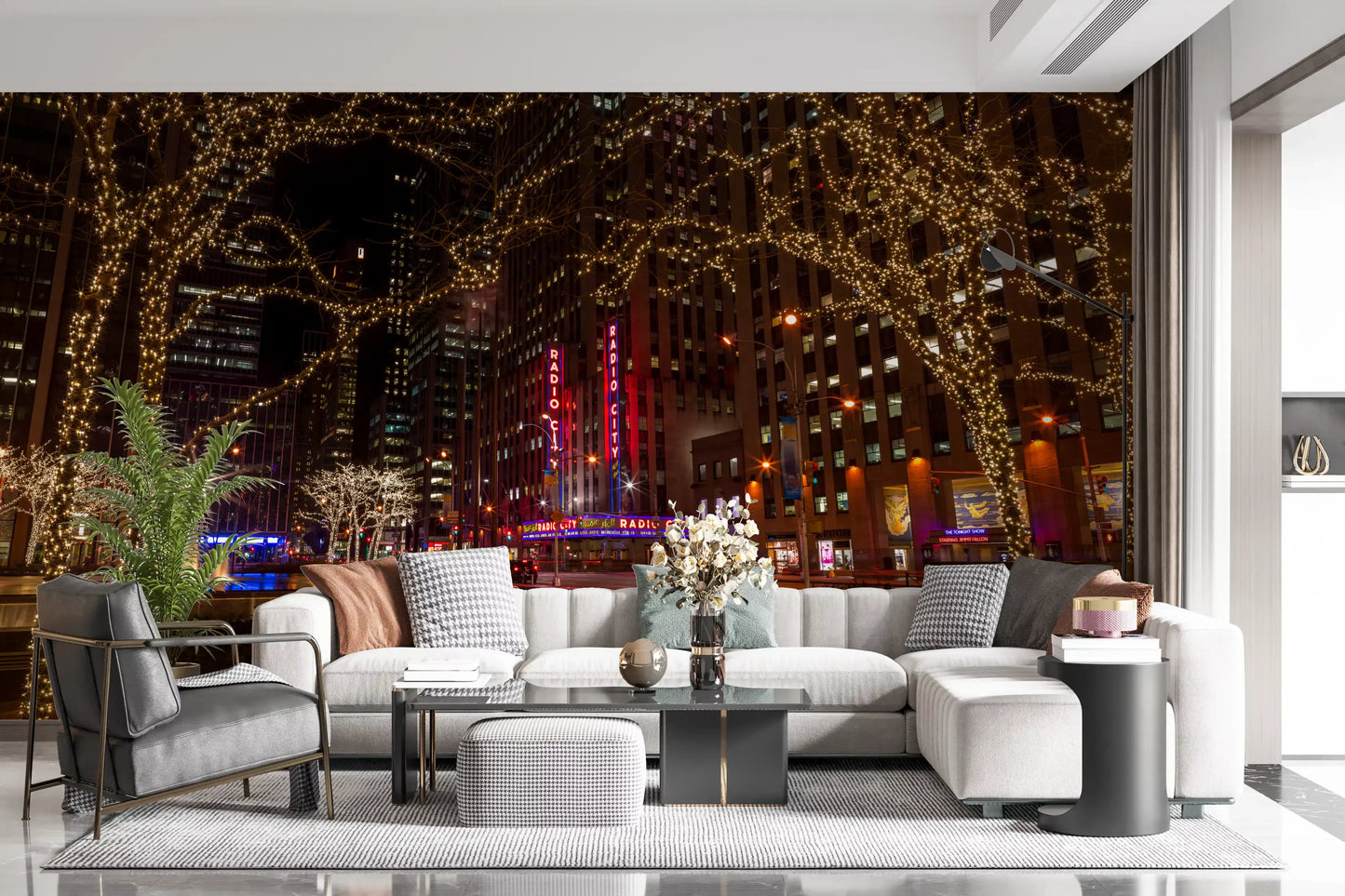 City night lights and glowing tree wall mural for a bright living room backdrop., GD9867