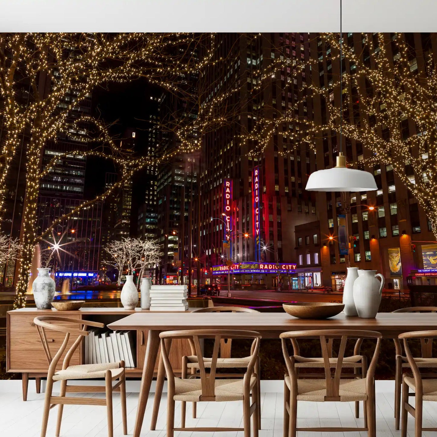 Radio City Night Glow Wall Mural showing glowing skyscrapers in dining area., GD9867