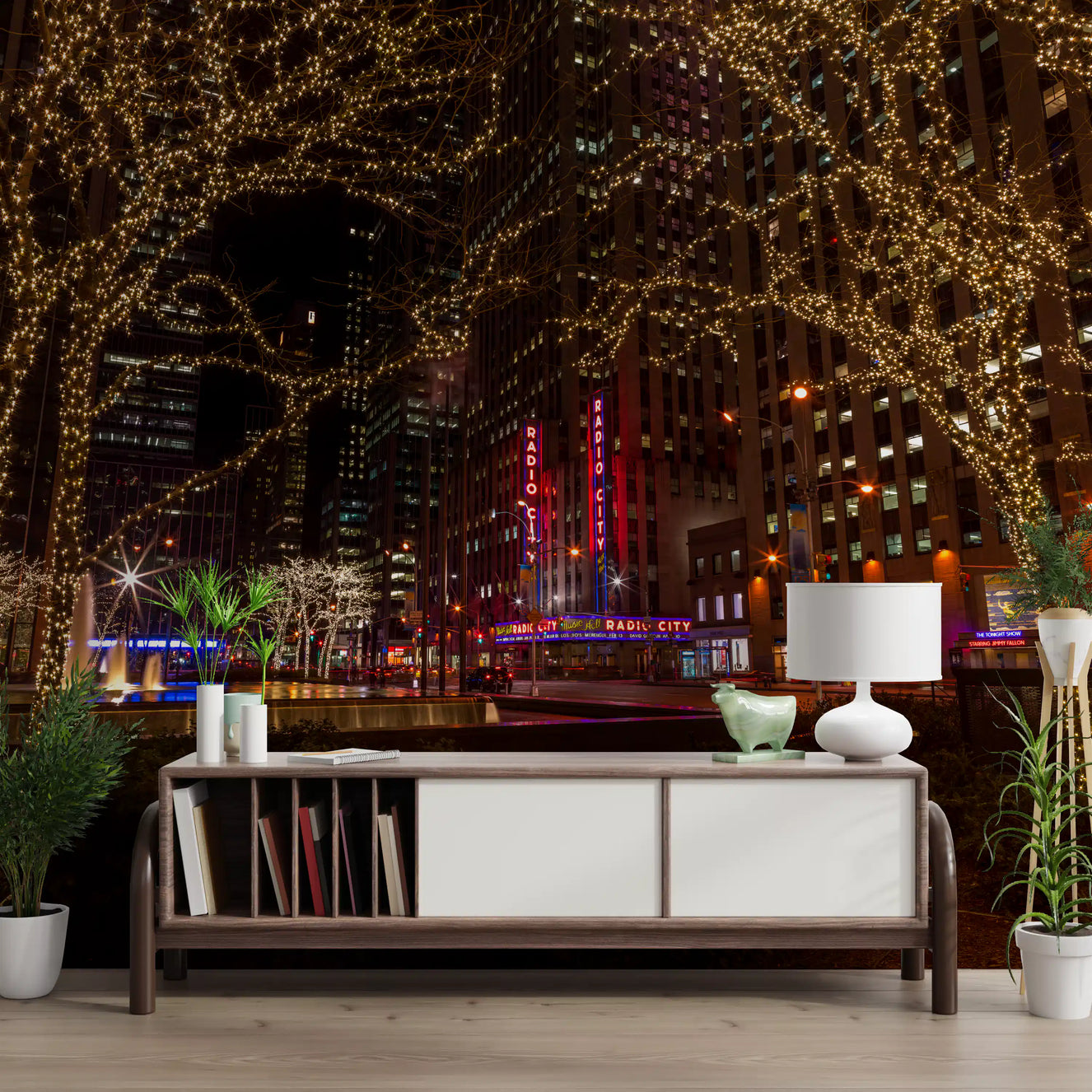 Radio City Night Glow Wall Mural with fairy light trees for a hallway.