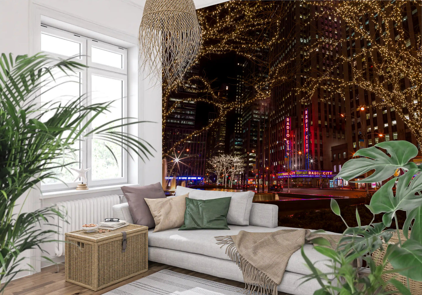 Bright yellow lights on tree branches in a city park themed hallway wallpaper., GD9867