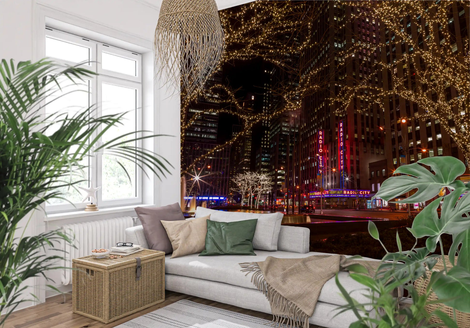 Bright yellow lights on tree branches in a city park themed hallway wallpaper., GD9867