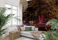 Bright yellow lights on tree branches in a city park themed hallway wallpaper., GD9867