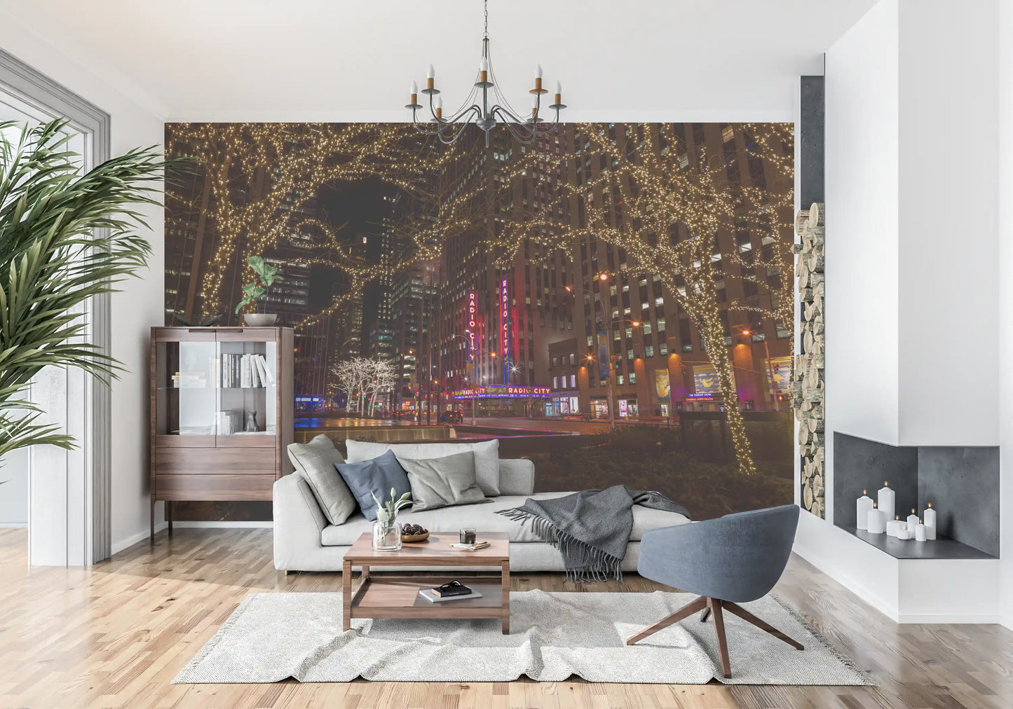 Radio City Night Glow Wall Mural featuring urban city streets for a living room., GD9867