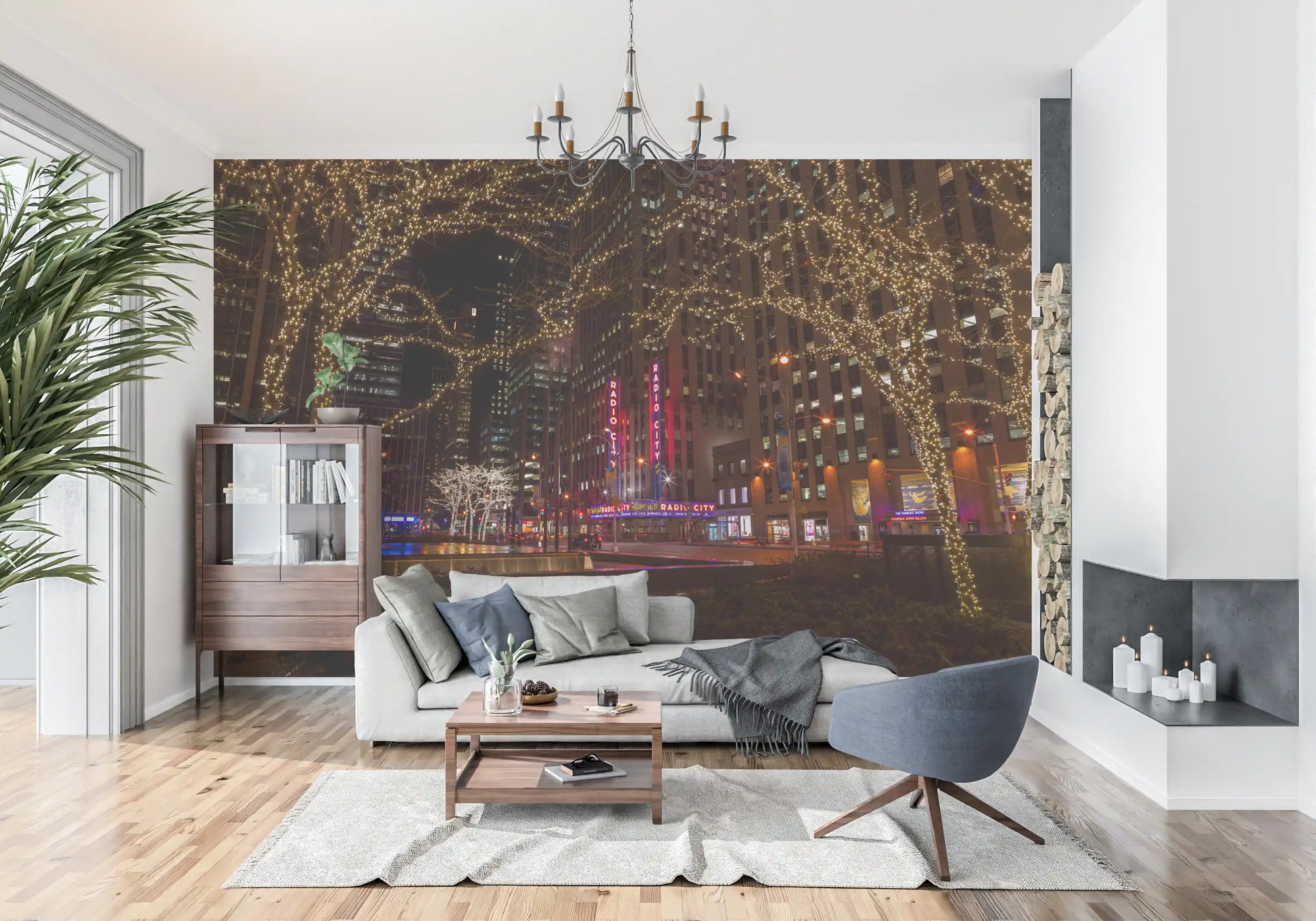 Radio City Night Glow Wall Mural featuring urban city streets for a living room., GD9867