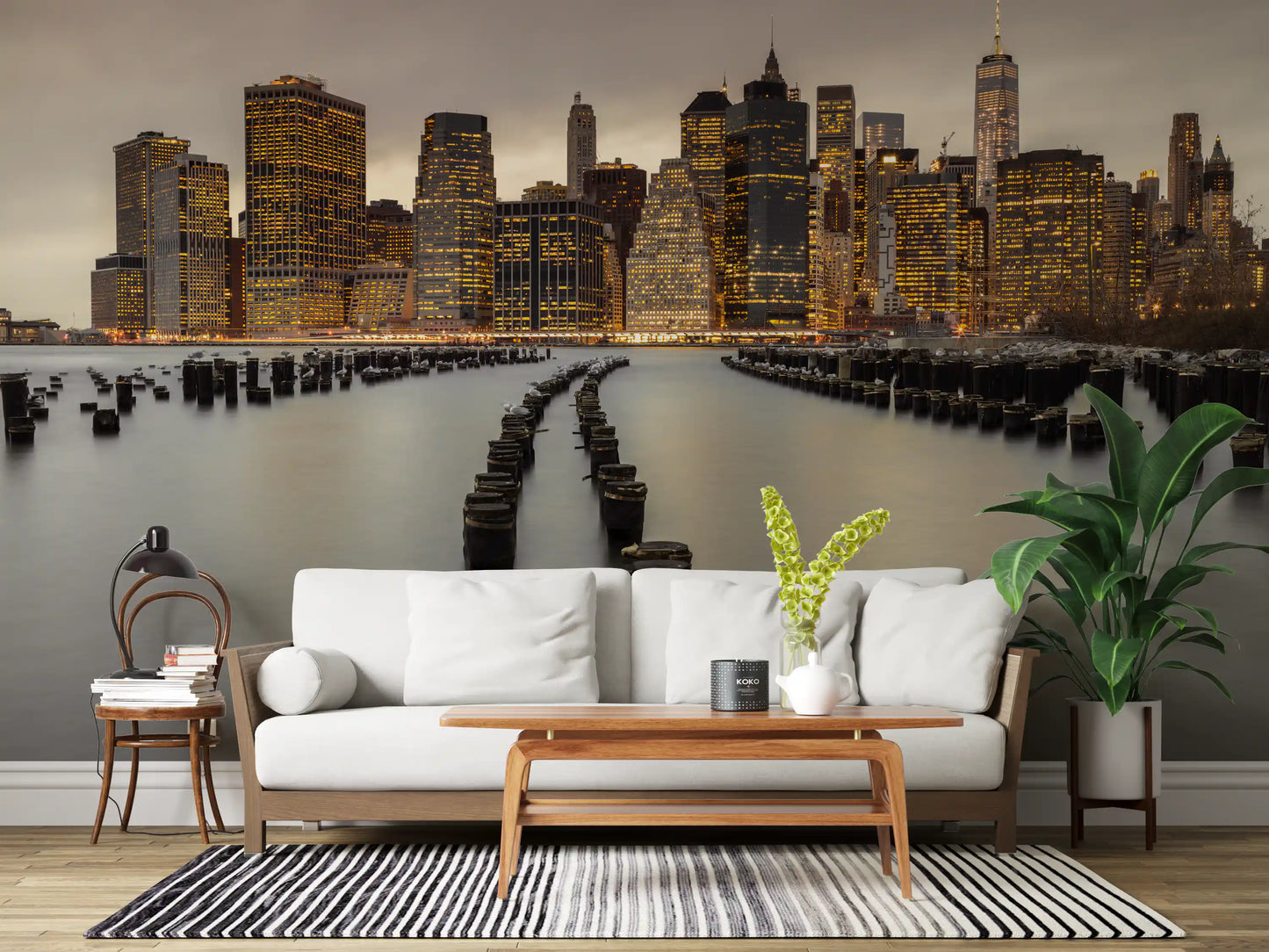Urban wall mural with industrial grey tones and skyline silhouette., GD9868