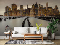 Urban wall mural with industrial grey tones and skyline silhouette., GD9868