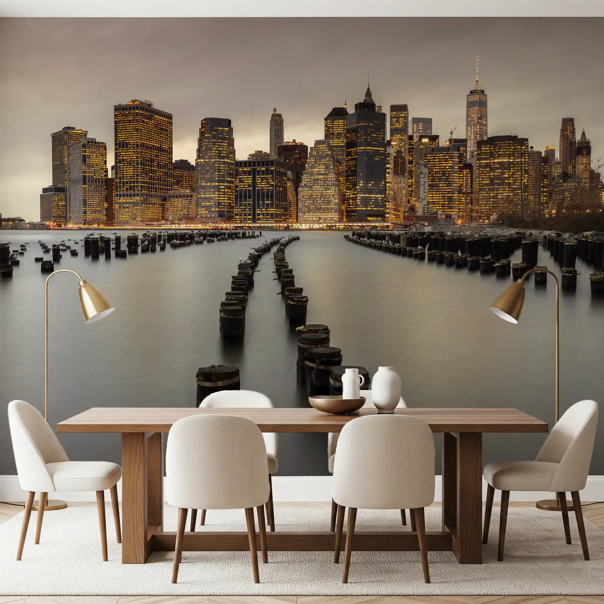 Urban glow wall mural showing illuminated skyscrapers under a cloudy sky., GD9868