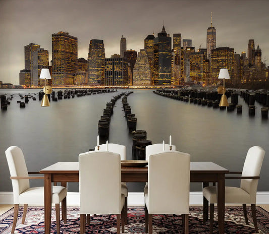NYC Urban Glow Wall Mural with New York skyline at dusk in dining room.