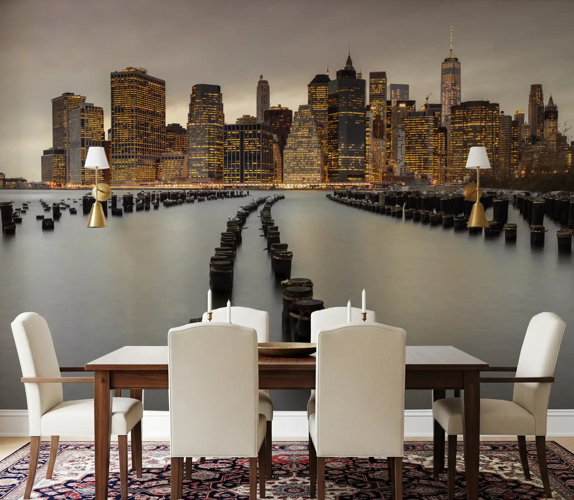 NYC Urban Glow Wall Mural with New York skyline at dusk in dining room., GD9868